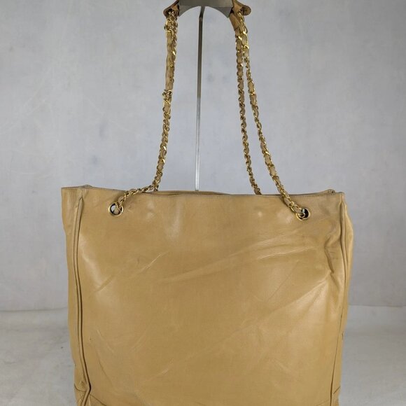 CHANEL Leather Matelasse Chain Shoulder Bag Lamb Skin Beige CC Auth - Picture 2 of 12